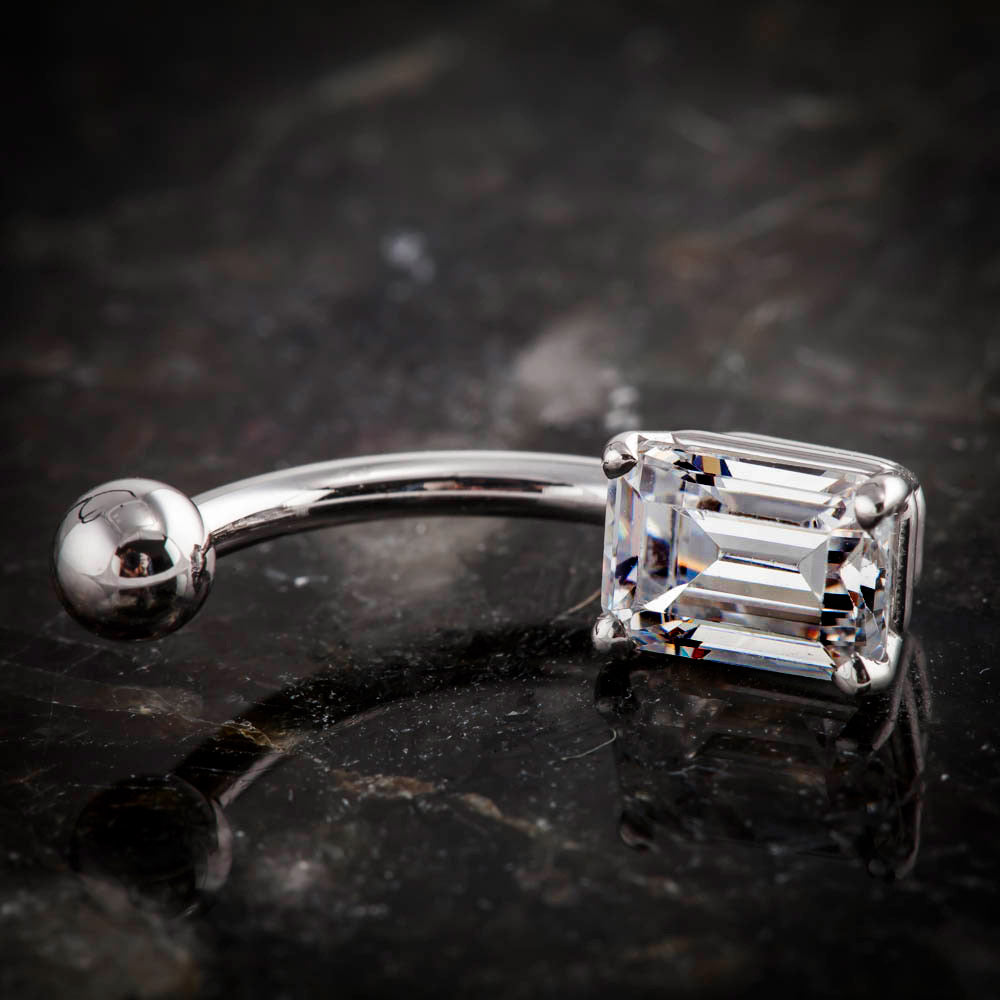 Emerald Cut Cubic Zirconia 14k Gold Belly Button Ring-14k White Gold   7 16" (standard)
