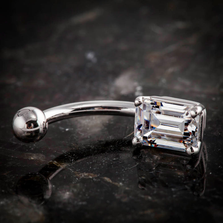 Emerald Cut Cubic Zirconia 14k Gold Belly Button Ring-14k White Gold   7 16" (standard)
