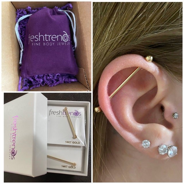 14k gold industrial barbell in FreshTrends packaging collage with purple pouch and model wearing it