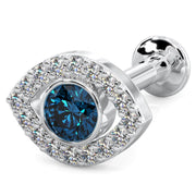 14k white gold evil eye flat back labret, three-quarter view showing diamond halo and flat disc backing