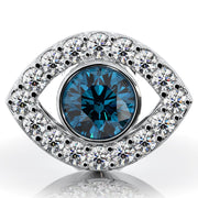 Front close-up of evil eye stud top in white gold showing bezel-set blue topaz surrounded by 16 round diamonds