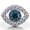 Close-up front view of evil eye stud earring showing bezel-set blue topaz surrounded by 16 round diamonds