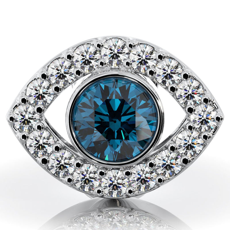 Close-up front view of evil eye stud earring showing bezel-set blue topaz surrounded by 16 round diamonds