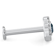True side profile of white gold evil eye flat back labret showing post length and flat disc backing