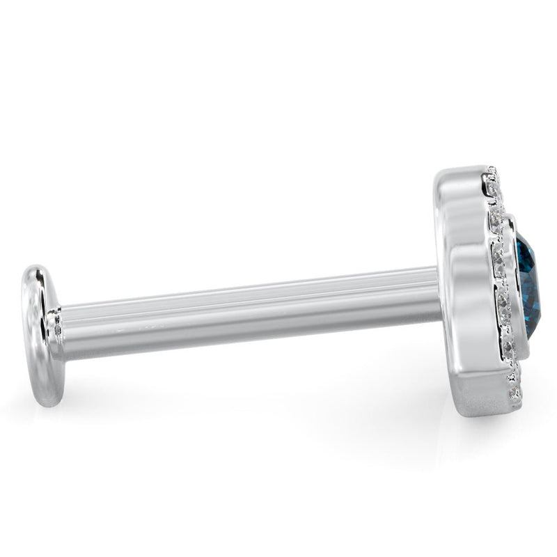 True side profile of white gold evil eye flat back labret showing post length and flat disc backing