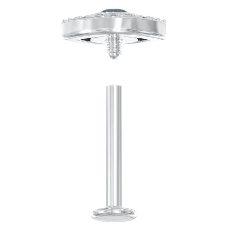 Exploded view of evil eye flat back stud showing internally threaded post separated from the top for easy assembly