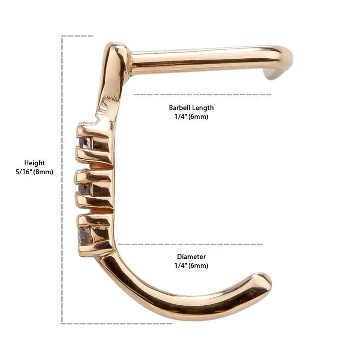 14K rose gold faux hoop nose ring size diagram showing 8mm height, 6mm diameter, and 6mm barbell length