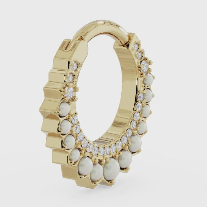Pearl & Diamond Moon 14k Gold Clicker Ring Hoop
