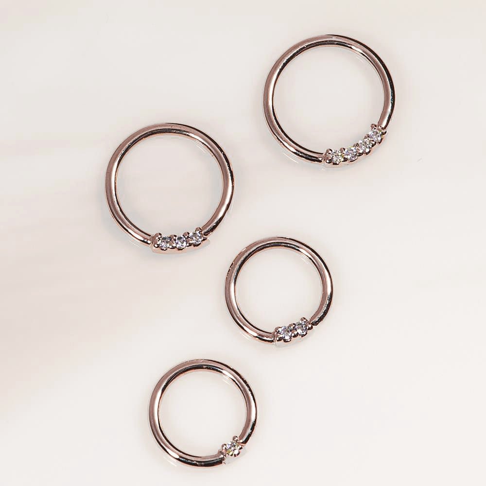 Rose gold, diamond front facing seamless hoop rings