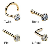 Diagram of four nose ring backing styles: twist, bone, pin, and L shape in 14K yellow gold