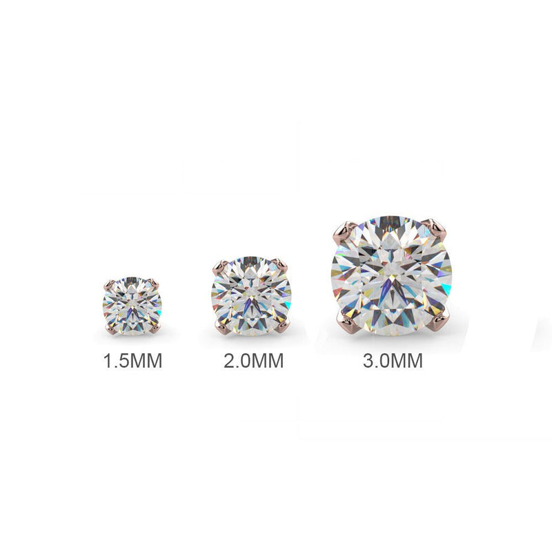 Size comparison chart showing 1.5mm, 2mm, and 3mm round gemstone options for nose rings