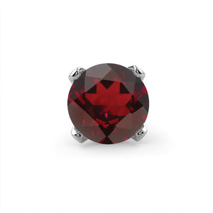 Close-up of genuine round garnet gemstone in four-prong white gold setting, front-facing detail view