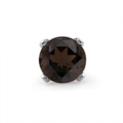 Close-up of genuine smokey quartz round stone in four-prong white gold setting, front view