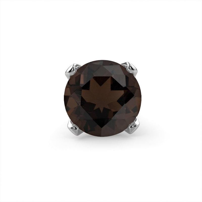 Close-up of genuine smokey quartz round stone in four-prong white gold setting, front view