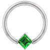 Close-up front view of white gold fixed bead ring highlighting the green princess-cut CZ corner mount