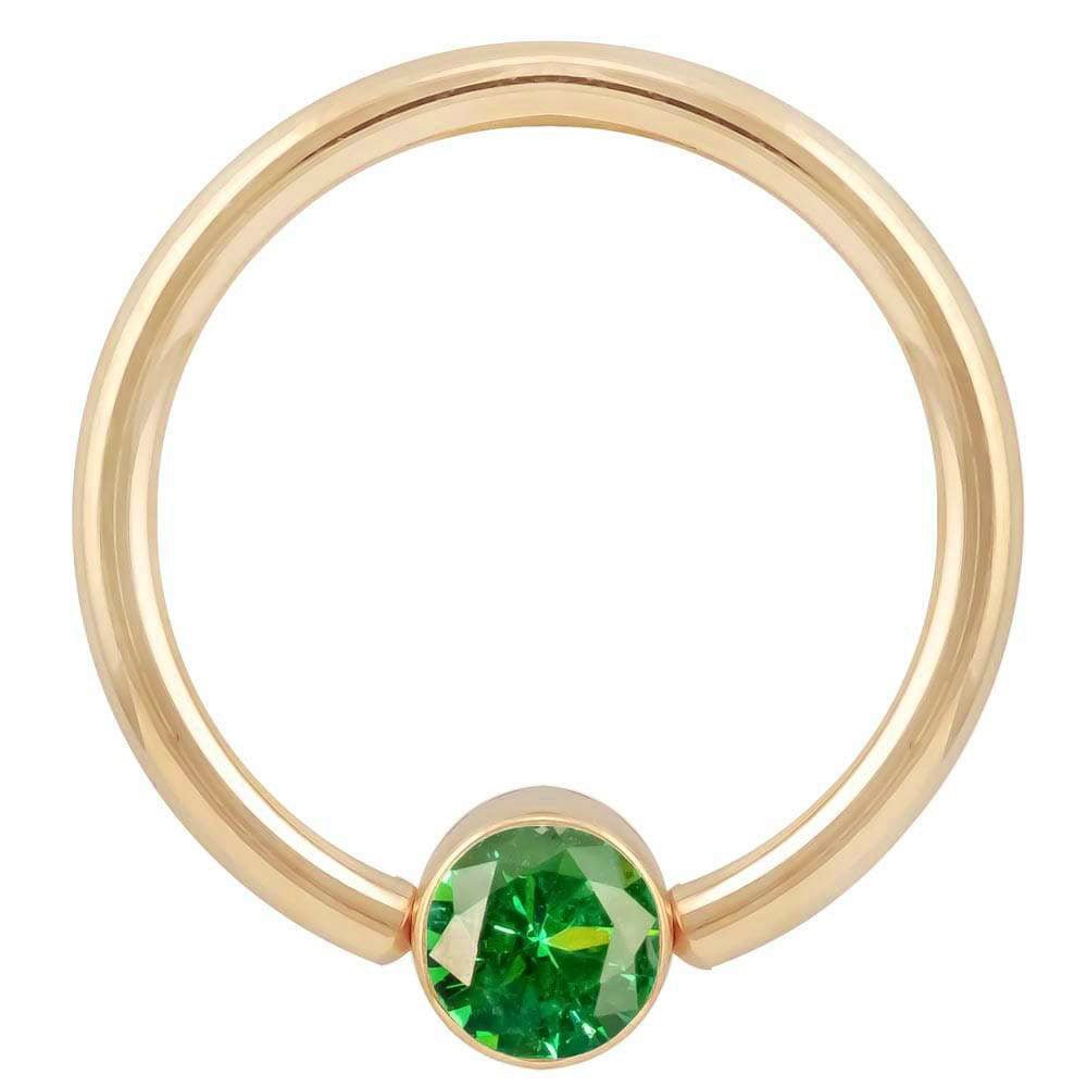 Green Cubic Zirconia Round Bezel 14k Gold Captive Bead Ring-14K Yellow Gold   12G (2.0mm)   3 4" (19mm)