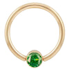 14k yellow gold fixed bead ring with emerald green CZ bezel setting, large gauge front view