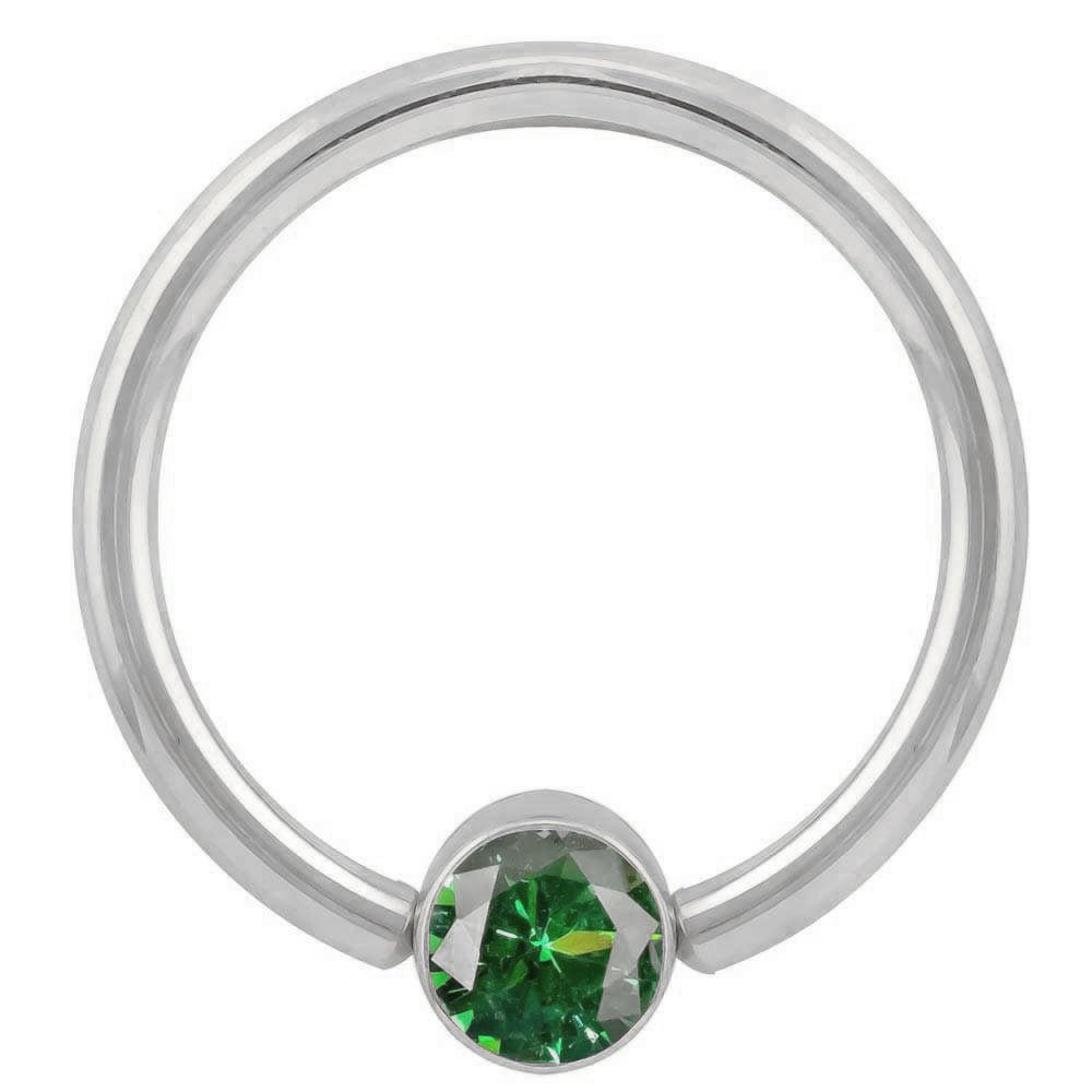 Green Cubic Zirconia Round Bezel 14k Gold Captive Bead Ring-14K White Gold   12G (2.0mm)   3 4" (19mm)