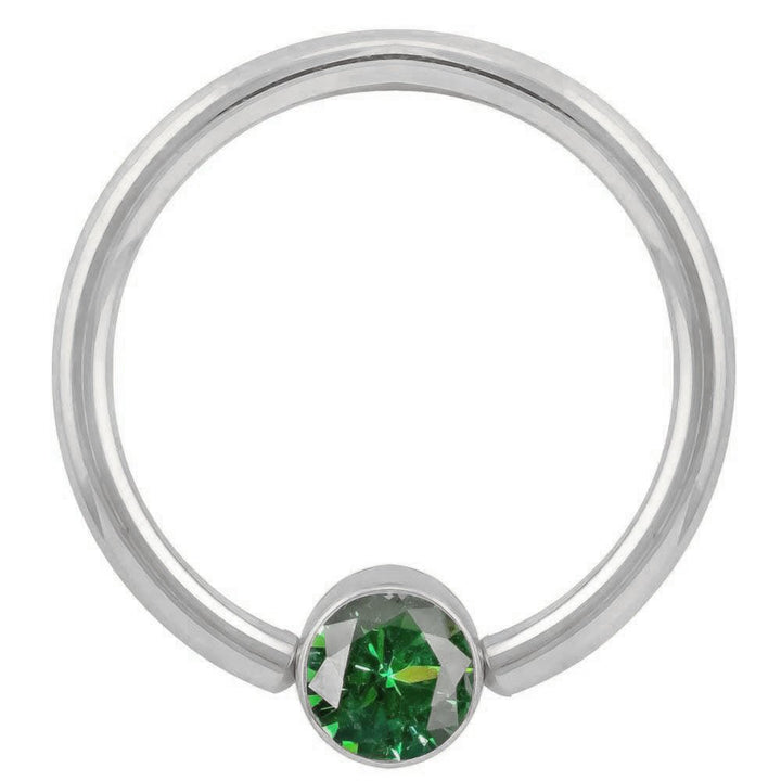 Green Cubic Zirconia Round Bezel 14k Gold Captive Bead Ring-14K White Gold   12G (2.0mm)   3 4" (19mm)