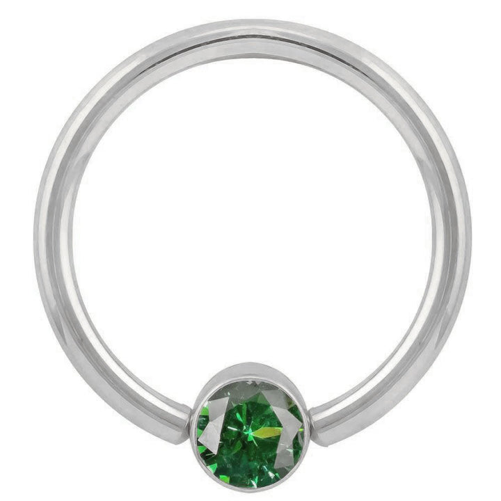 Green Cubic Zirconia Round Bezel 14k Gold Captive Bead Ring-14K White Gold   12G (2.0mm)   3 4" (19mm)