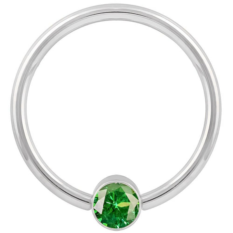 14k white gold green CZ bezel fixed bead ring, smaller gauge showing polished hoop and stone detail