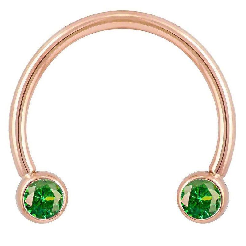 14k rose gold green CZ circular barbell, smaller diameter showing warm rose tone against bright green stones