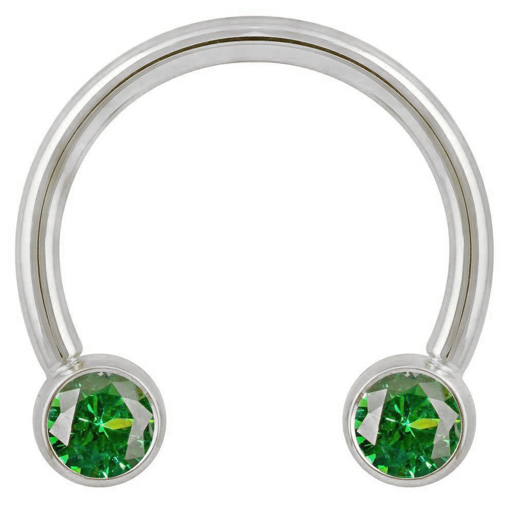 Green Cubic Zirconia Round Bezel 14k Gold Circular Barbell-14K White Gold   12G (2.0mm)   3 4" (19mm)