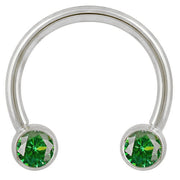 14k white gold circular barbell with dual green CZ bezel-set ends, front view