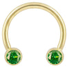 14k yellow gold circular barbell with dual green CZ round bezel ends, front view