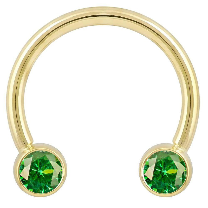 14k yellow gold circular barbell with dual green CZ round bezel ends, front view