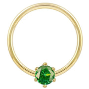 14k yellow gold fixed bead ring with round green CZ in prong setting, front view