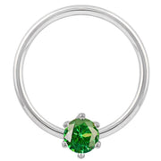 14k white gold fixed bead ring with green CZ prong setting, straight-on product view