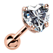 14k rose gold heart cartilage stud with clear cubic zirconia, angled view showing 4-prong basket setting