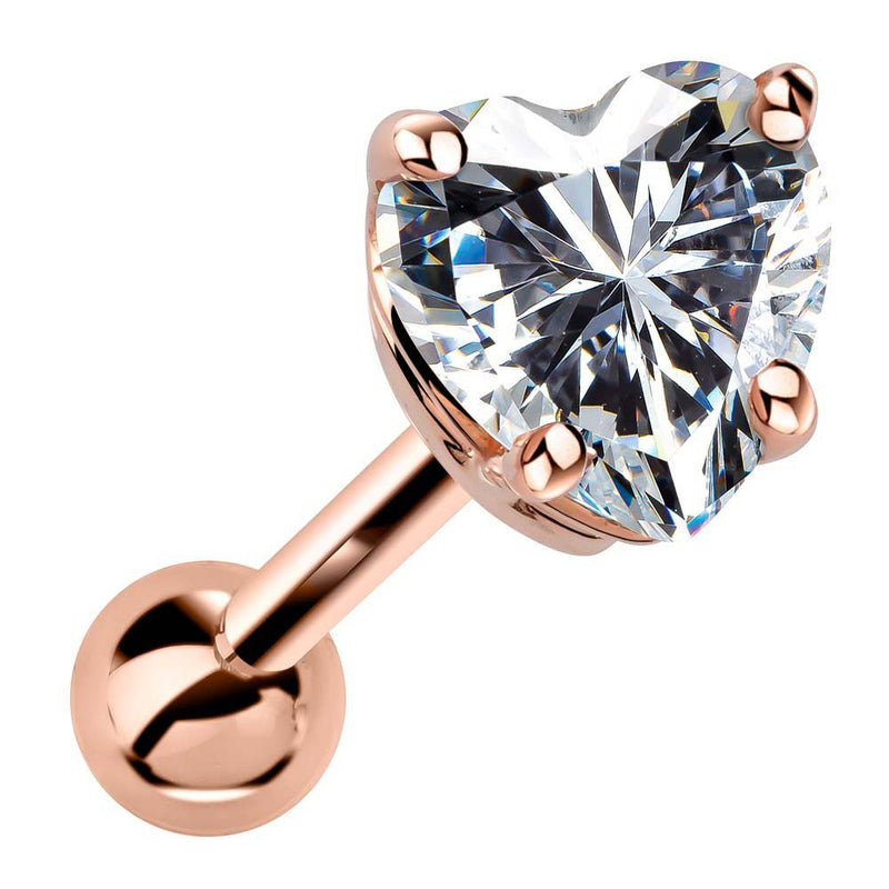 14k rose gold heart cartilage stud with clear cubic zirconia, angled view showing 4-prong basket setting