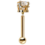 Exploded view of 14k yellow gold heart cartilage stud showing internally threaded post and ball back