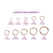Diameter measurement reference chart for seam rings ranging from 3/16 inch to 7/8 inch in rose gold