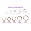 Rose gold seamless ring diameter measurement chart from 3/16 inch to 7/8 inch with mm conversions