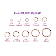 Hoop diameter size comparison chart showing 3/16 inch through 7/8 inch ring sizes with mm measurements