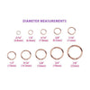 Seam ring diameter measurement chart in rose gold showing sizes from 3/16 inch to 7/8 inch