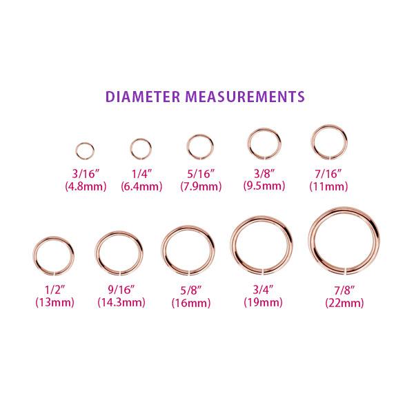 Hoop diameter size chart showing ring measurements from 3/16 inch to 7/8 inch