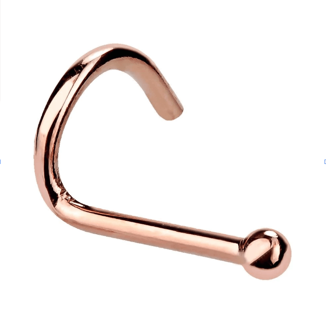 14K rose gold tiny ball nose ring twist, front view highlighting warm pink-gold tone and ball tip