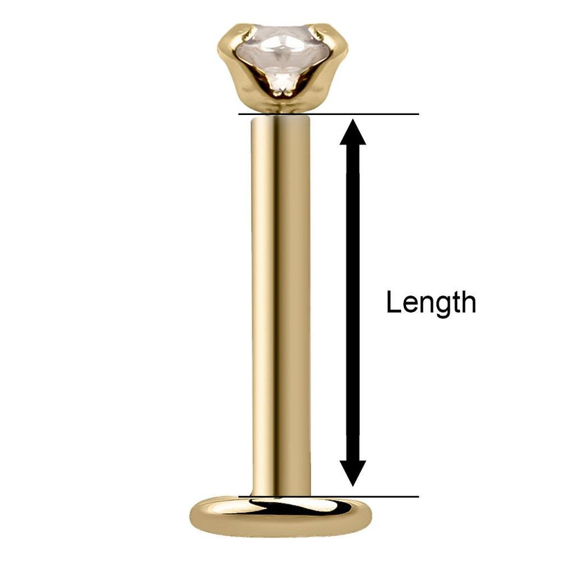 Diagram showing how post length is measured on a 14k gold CZ flat back labret stud