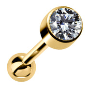 14k yellow gold bezel-set CZ cartilage stud, front view showing round-cut gem and ball backing