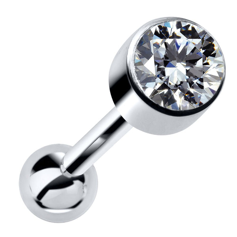 14k white gold bezel-set CZ cartilage stud earring, front view with round cubic zirconia