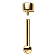 Exploded view of 14k yellow gold bezel CZ cartilage barbell showing internally threaded assembly
