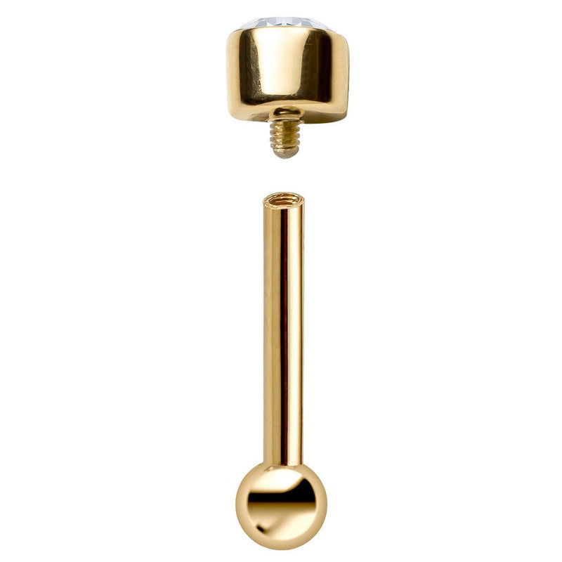 Exploded view of 14k yellow gold bezel CZ cartilage barbell showing internally threaded assembly