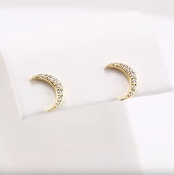 Diamond Crescent Moon 14k Gold Stud Earrings