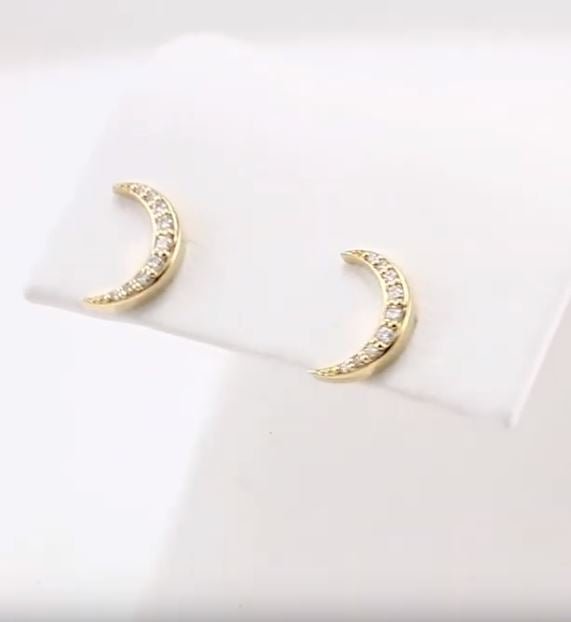 Diamond Crescent Moon 14k Gold Stud Earrings