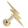 14k yellow gold lightning bolt flat back labret stud, angled view showing bolt shape and flat disc backing