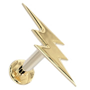 14k yellow gold lightning bolt flat back labret stud, angled view showing bolt shape and flat disc backing